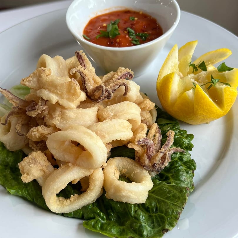 Crispy fried calamari rings and tentacles on lettuce with marinara sauce and a lemon wedge.