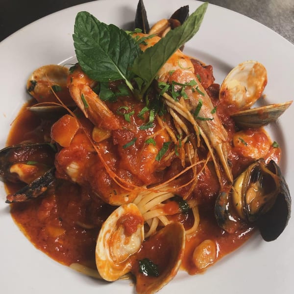 Buona Sera Ristorante's linguine pasta with shrimp, mussels, and clams in a rich red sauce.